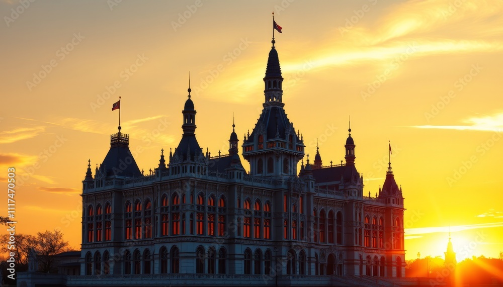 Fototapeta premium Elegant Castle Silhouetted Against a Vivid Sunset Sky
