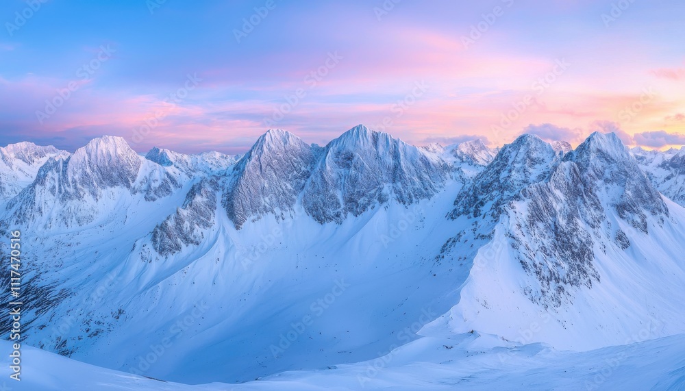 Obraz premium Serene snowy mountain landscape at sunset, showcasing nature's beauty and tranquility.