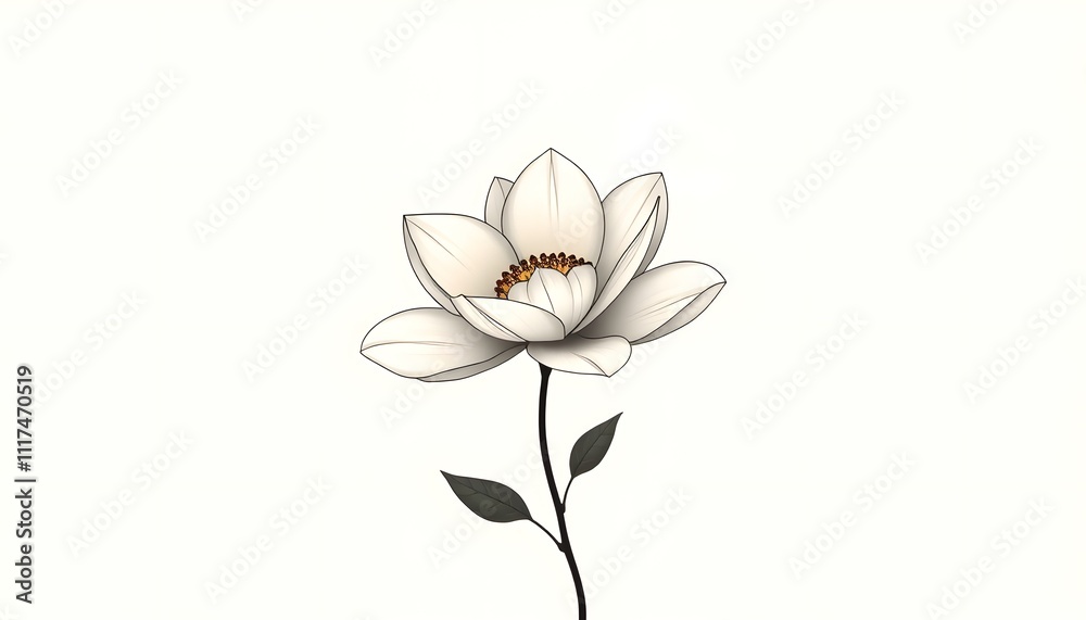 Obraz premium Elegant White Magnolia Flower Illustration of a single white magnolia flower with dark green leaves on a stem against a white background. The style is simple and elegant.