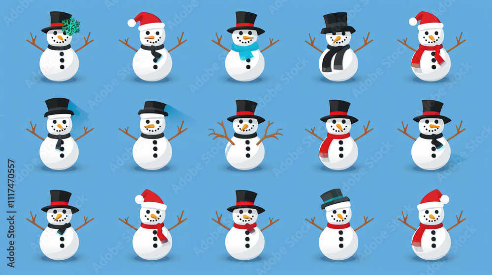 Christmas snowman characters set design. Snowman character wearing magician hat, red scarf and twig in funny, happy cute face collection Christmas snowman characters set design. Snowman character wearing magician hat, red scarf and twig in funny, happy cute face collection