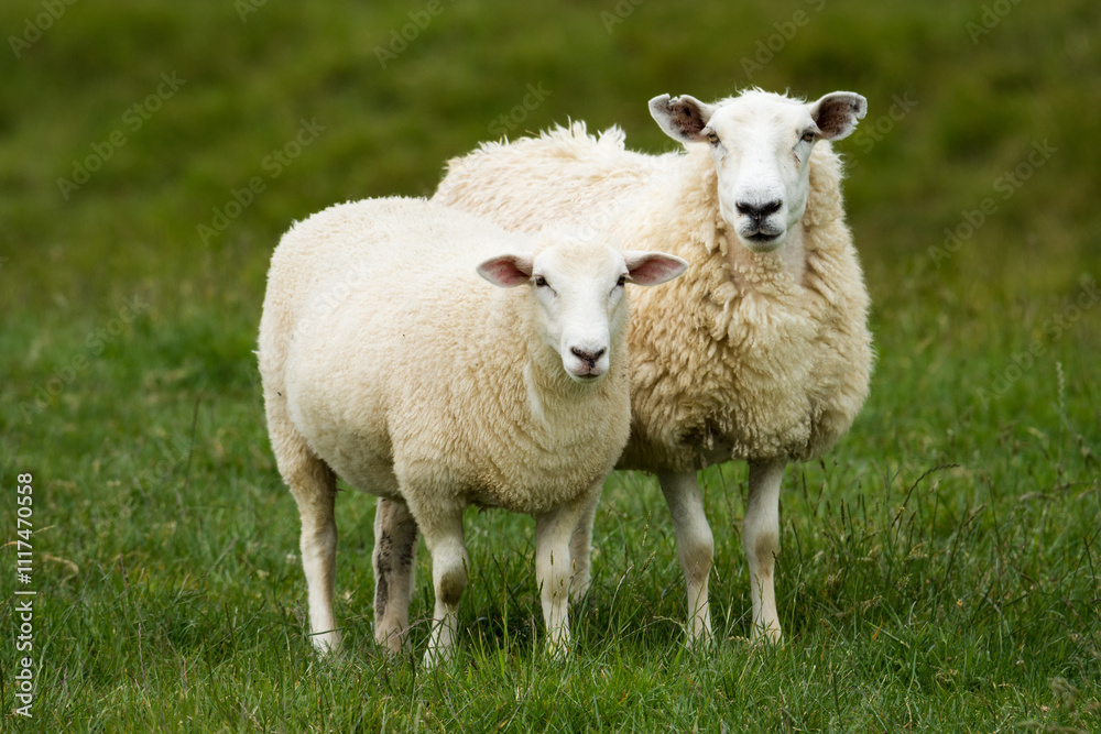 mother sheep and her lambs in lush green grassy field mother sheep and her lambs in lush green grassy field
