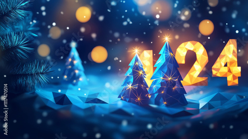 2025 New Year web banner with glowing digits and festive Christmas trees on dark blue background. Winter holiday, seasonal celebration, festive design concept. Polygonal abstract vector illustration