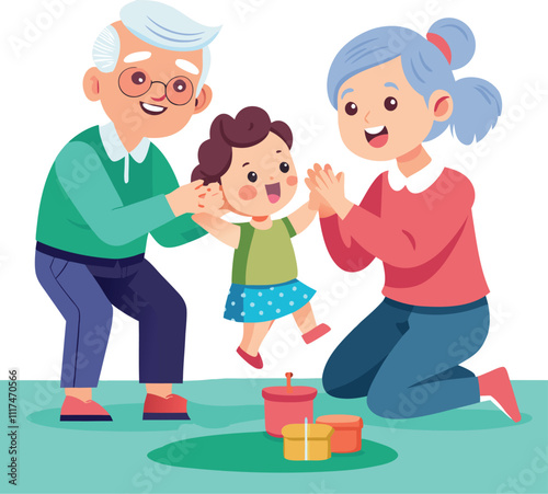 grandparents playing with kid grandfather and grandmother grandchildren vector illustration graphic design artwork