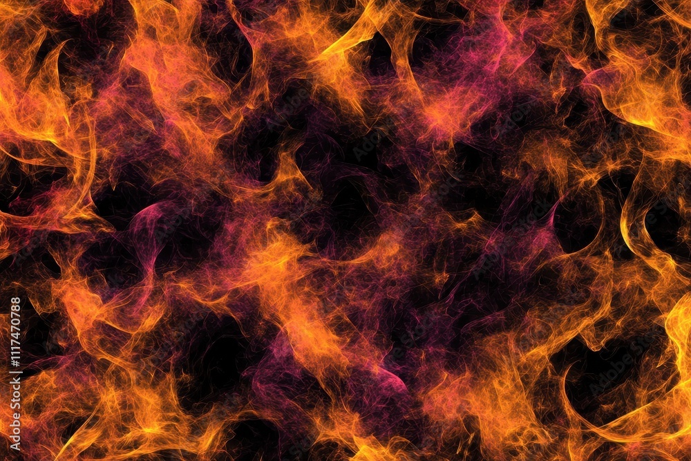 Abstract fiery background with swirling flames in orange, red, and purple tones.
