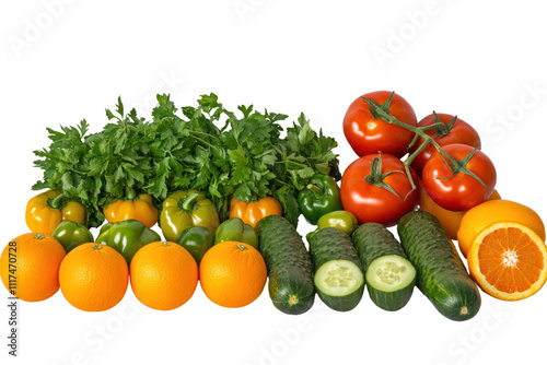 A vibrant collection of assorted fruits and vegetables, featuring ripe tomatoes, fresh green bell peppers, crisp cucumbers, and juicy oranges photo