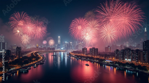 a busy city by the river and fireworks 2