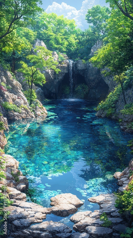 Naklejka premium A serene forest scene with a crystal-clear pool, surrounded by lush greenery and a gentle waterfall, evoking tranquility and natural beauty.