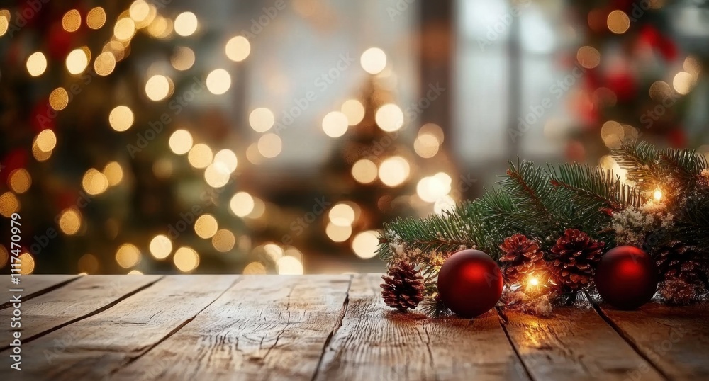 Mesa de madera sobre fondo desenfocado bokeh de decoración navideña- con árbol de navidad- guirnaldas- concepto navidad Mesa de madera sobre fondo desenfocado bokeh de decoración navideña- con árbol de navidad- guirnaldas- concepto navidad