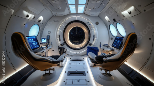 Fototapeta Naklejka Na Ścianę i Meble -  Cockpit for controlling the internal systems of the spacecraft and its propulsion systems. Space travel and spacewalking will be commonplace in Earth's future. 