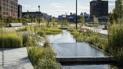 A serene urban landscape with water features and lush greenery.
