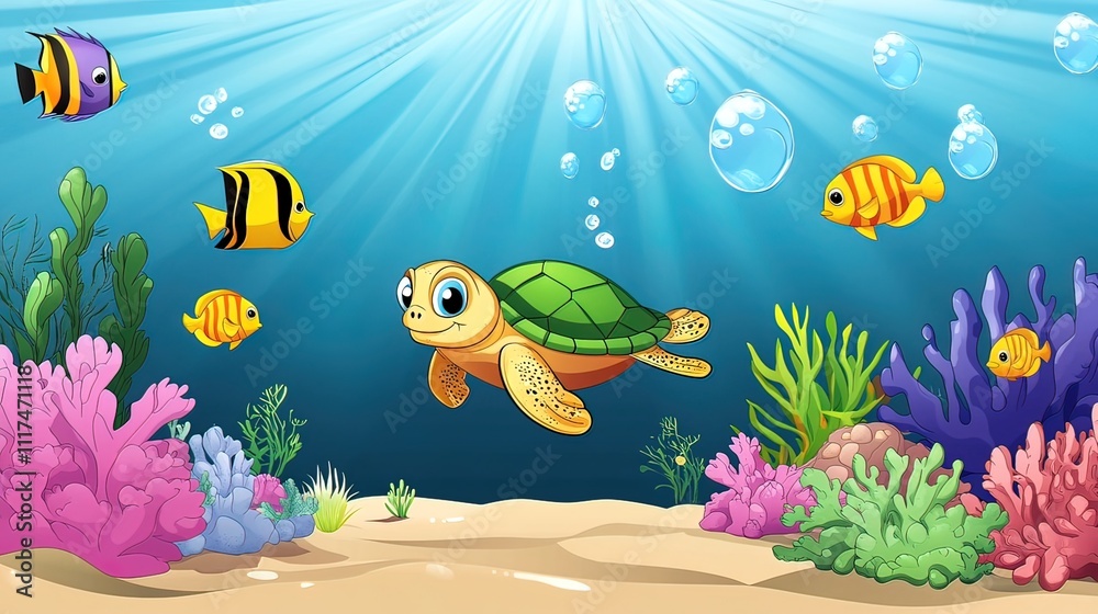 Fototapeta premium Cartoon Illustration of a Turtle and Fish in the Ocean