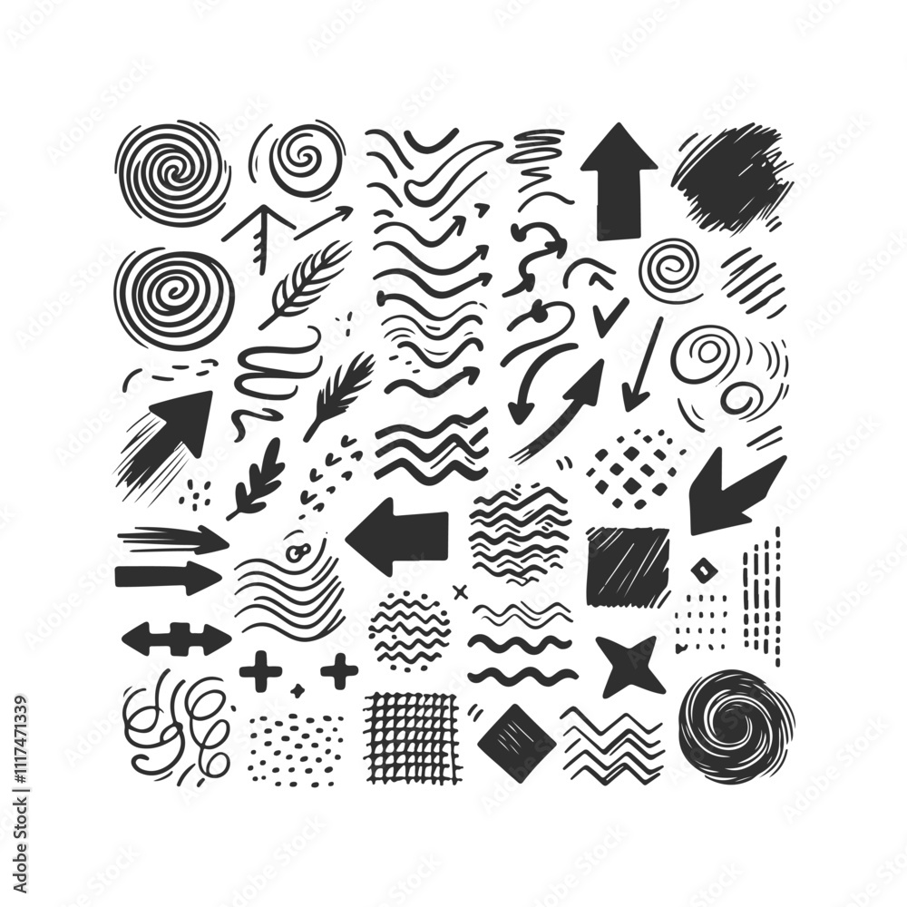 Arrow line hand drawn Grunge square, spiral, arrow element scribble line brush Set Vector Design Illustration Arrow line hand drawn Grunge square, spiral, arrow element scribble line brush Set Vector Design Illustration