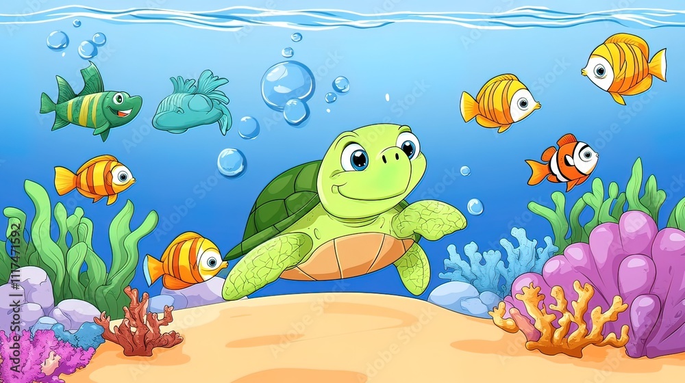 Fototapeta premium Cheerful Turtle Swimming Through a Vibrant Reef