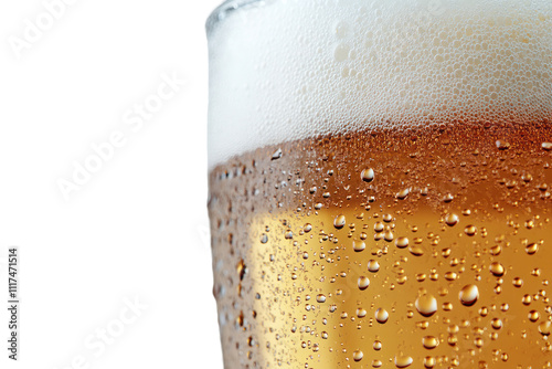 A tall, frosty glass of golden beer filled to the brim, showcasing a thick, frothy white head. The condensation on the glass creates a refreshing look, with bubbles rising to the surface. photo