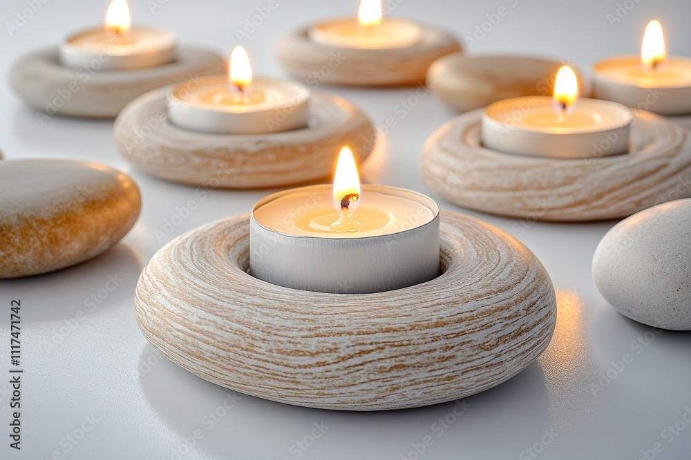 patterned wallpaper with lit candles and smooth stones arranged in concentric circles on white background symbolizing patterned wallpaper with lit candles and smooth stones arranged in concentric circles on white background symbolizing