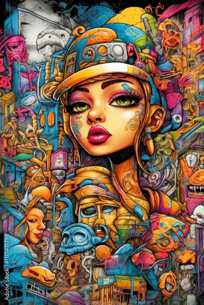 Fototapeta premium Complex and rich composition in graffiti style, combining bright colors, diverse images and elements of urban culture. Street art, contemporary artwork.