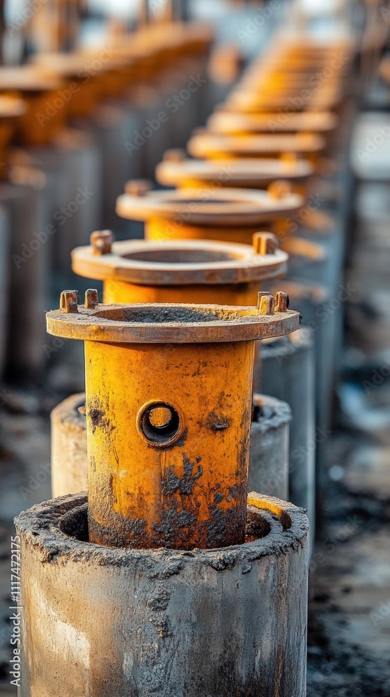 Rows of industrial concrete and yellow posts for construction purposes. Rows of industrial concrete and yellow posts for construction purposes.