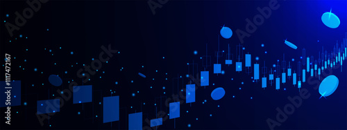 Digital financial report with candlestick chart graph and floating coins. Cryptocurrency, stock market and forex trading concept background