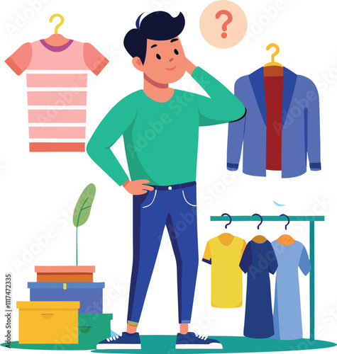 man confused in buying clothes shopping vector illustration graphic design art