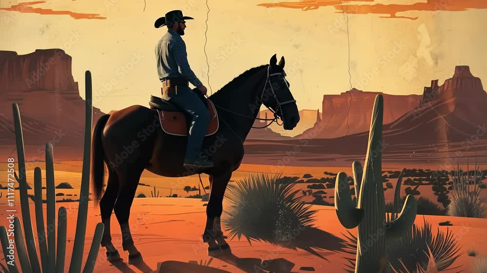 Cowboy majestically rides horse through desert landscape at sunset