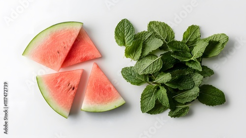 Watermelon fruit for hydration concept. Fresh watermelon slices paired with vibrant mint leaves, creating a refreshing and colorful culinary duo. photo