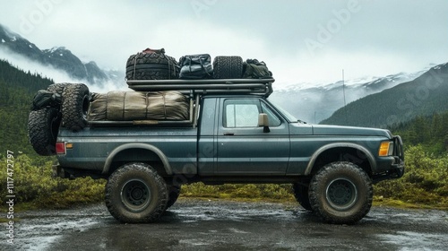 A rugged pickup truck loaded with gear, ready for an outdoor adventure.