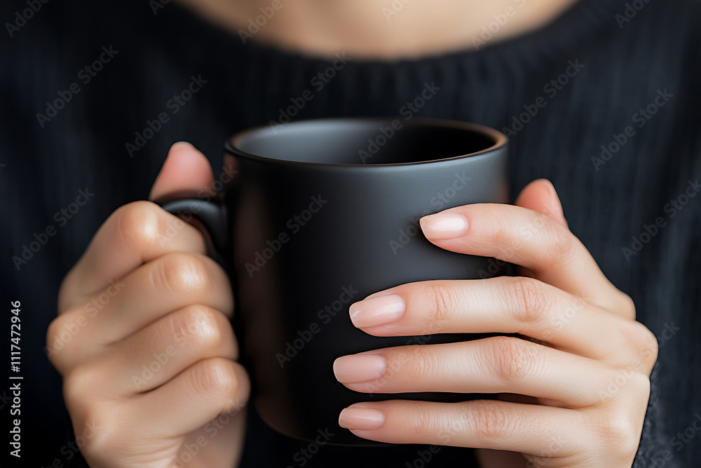 Woman holding black coffee mug, mock-up coffee cup. Woman holding black coffee mug, mock-up coffee cup.