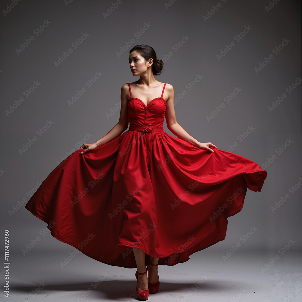 Woman in red tango dress standing still in spotlight, intricate details cascading to floor Woman in red tango dress standing still in spotlight, intricate details cascading to floor