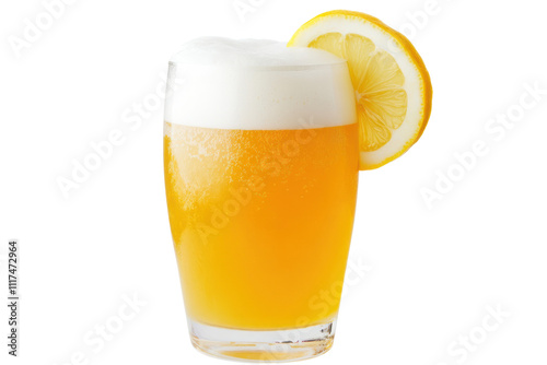 A refreshing glass of wheat beer with a cloudy appearance, topped with a thick, frothy white head. The glass is adorned with a slice of lemon on the rim, creating a vibrant and inviting look. photo