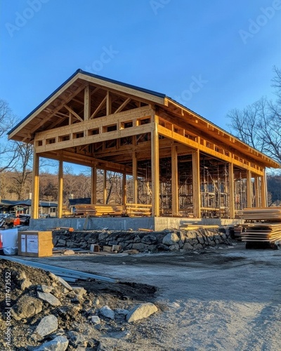 A partially constructed wooden pavilion in a natural setting. photo