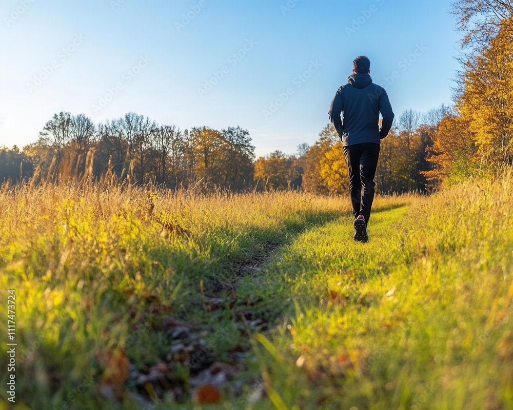 A person walking through a sunlit, grassy field surrounded by autumn colors, symbolizing tranquility and connection with nature. A person walking through a sunlit, grassy field surrounded by autumn colors, symbolizing tranquility and connection with nature.