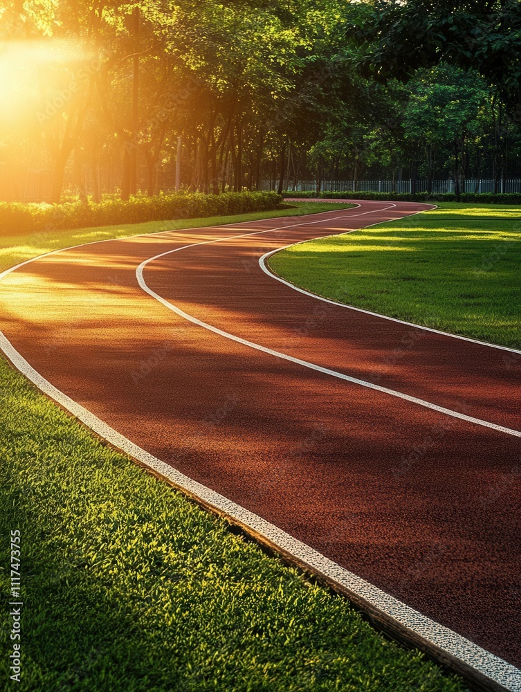 Obraz premium Empty running track with dramatic sunlight, surrounded by lush grass and summer vibes, highlighting fitness and outdoor leisure