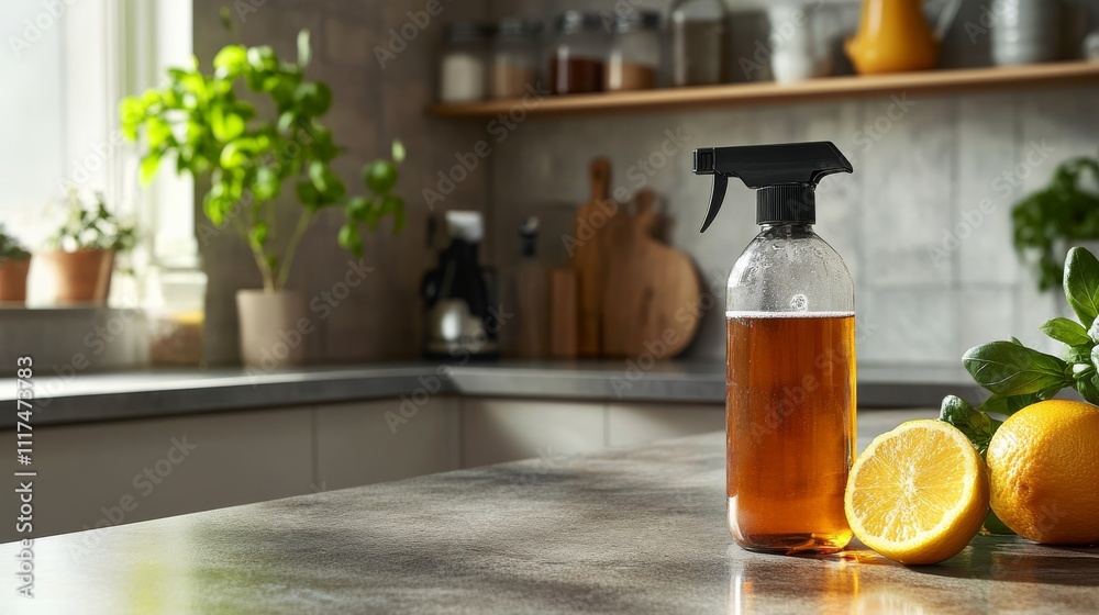 A spray bottle filled with a brown liquid sits on a kitchen countertop near a halved lemon and fresh herbs, creating a fresh and inviting atmosphere. A spray bottle filled with a brown liquid sits on a kitchen countertop near a halved lemon and fresh herbs, creating a fresh and inviting atmosphere.
