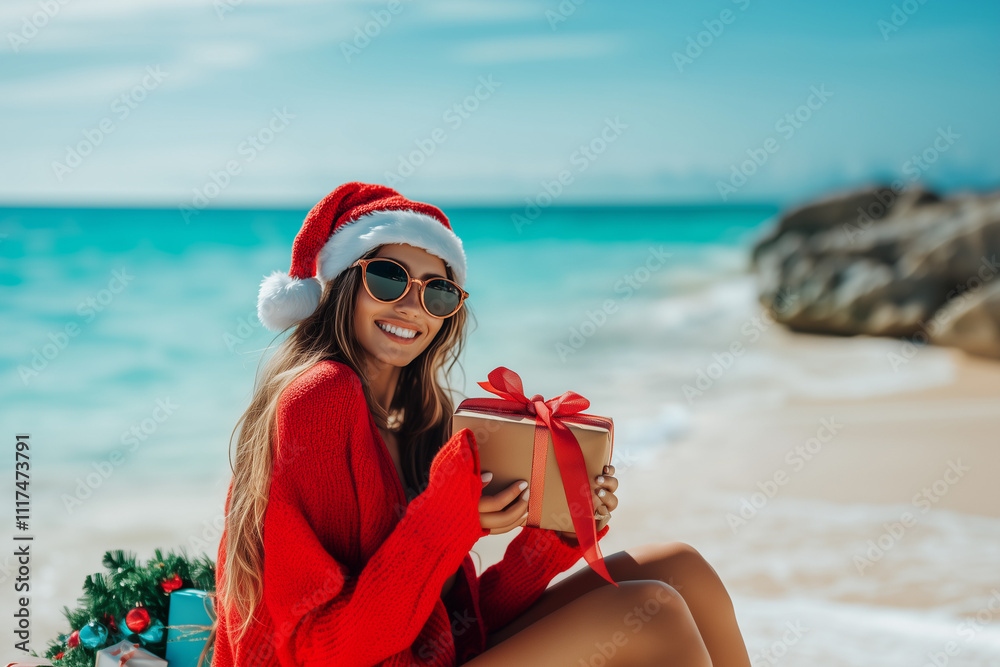 Obraz premium A joyful woman celebrates Christmas on the beach with a cocktail in hand and a gift by her side, enjoying the stunning ocean view and festive spirit.