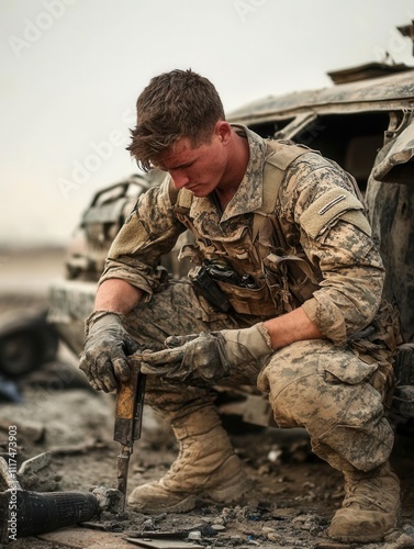 A soldier repairing a vehicle in the field, demonstrating versatility and problemsolving under pressure