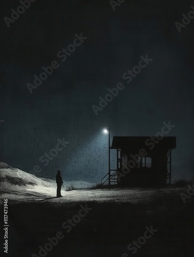 A sentinel guarding a border post at night, illuminated by a spotlight, with distant shadows creating drama