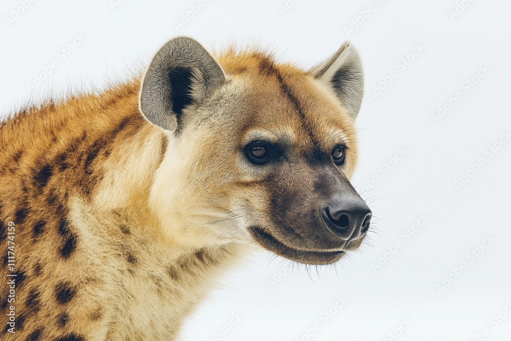 Studio photo of a hyena isolated against a white background. Wildlife and conservation concept, space for copy. Studio photo of a hyena isolated against a white background. Wildlife and conservation concept, space for copy.