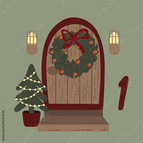 Advent-Christmas calendar on December 1st, holiday house. greeting card for printing.
Vector illustration