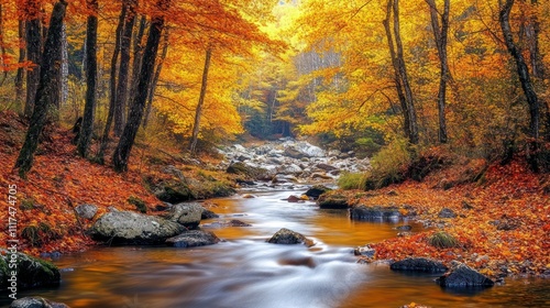 A vibrant autumn forest with trees in shades of gold, orange, and red. The ground is covered in fallen leaves