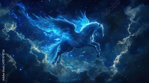A glowing blue pegasus soaring through a starry night sky.
