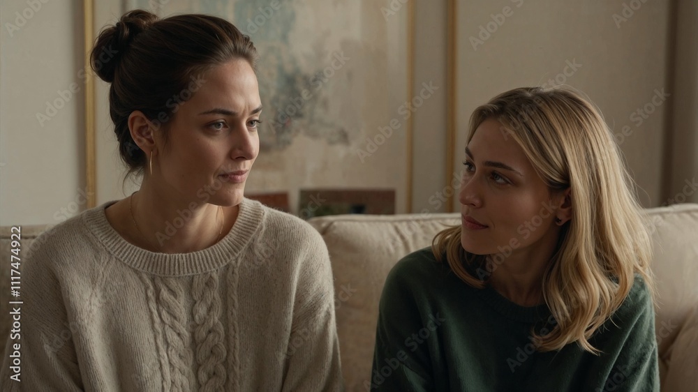 Two women sitting on a sofa engaging in a meaningful conversation indoors Two women sitting on a sofa engaging in a meaningful conversation indoors