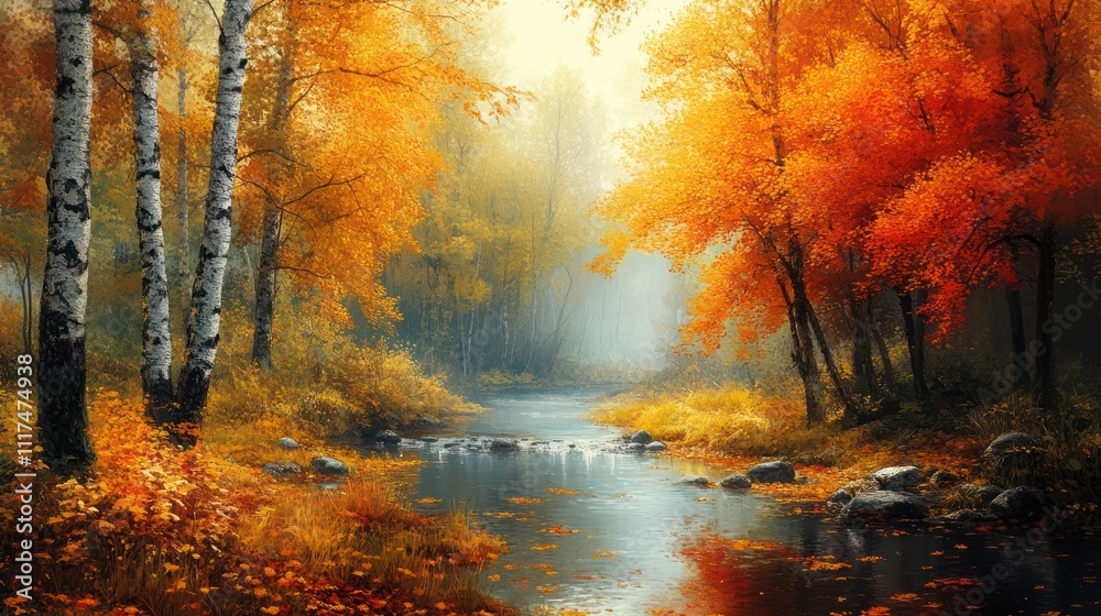 A vibrant autumn forest with trees in shades of gold, orange, and red. The ground is covered in fallen leaves A vibrant autumn forest with trees in shades of gold, orange, and red. The ground is covered in fallen leaves