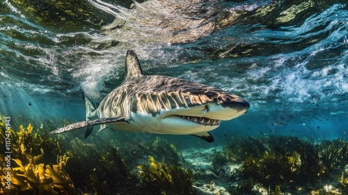 Shark Gliding Through Sunlit Kelp Forest photo