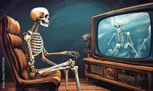 Concept: Media influence, mind control, manipulation, propaganda. A skeleton sits on a chair and watches a retro vintage TV.