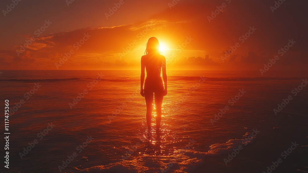 Fototapeta premium Silhouette of woman standing in ocean at sunset.