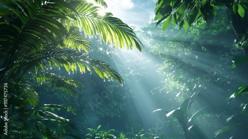 Lush Rainforest Sunlight Beams Through Tropical Leaves Nature Background