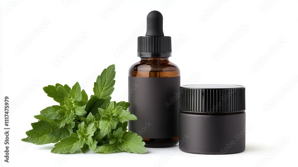 Skin repair with collagen oil drops. Essential oils with mint leaves and jars Skin repair with collagen oil drops. Essential oils with mint leaves and jars