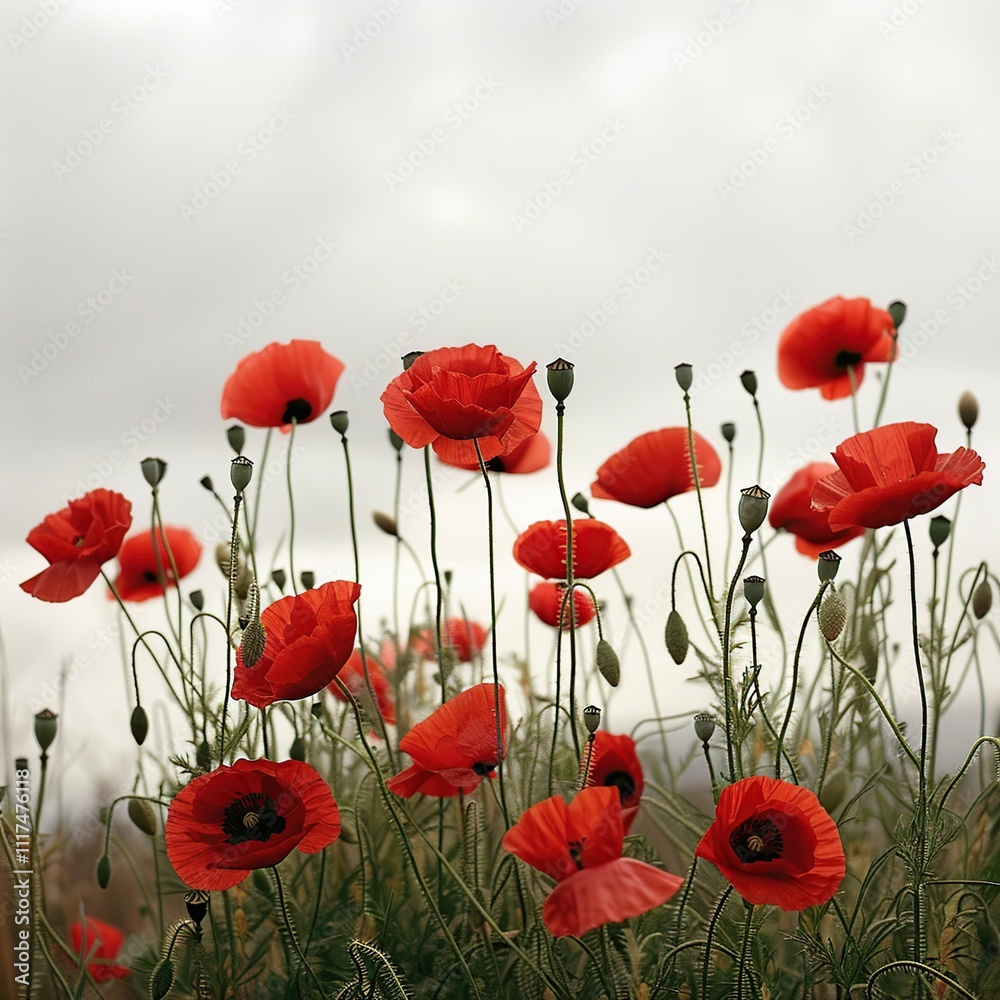 Fototapeta premium Vibrant red poppies blooming in a field under a cloudy sky.