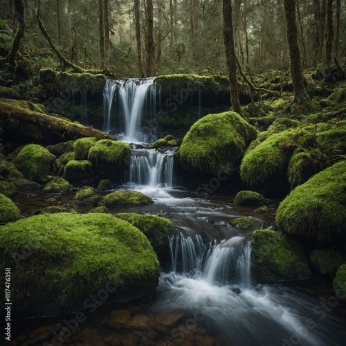 A hidden waterfall surrounded by mossy rocks in a forest.