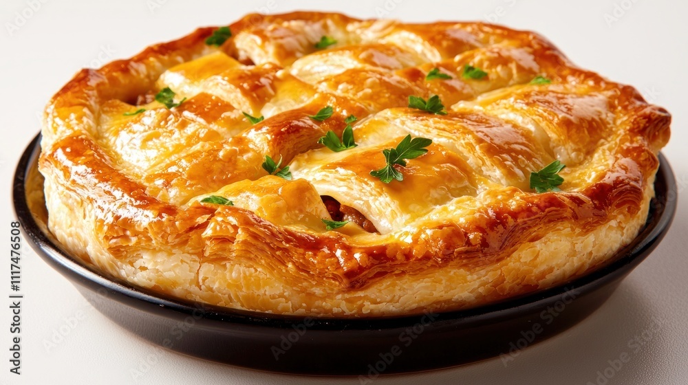 Flaky Australian Meat Pie Freshly Baked with Garnish and Golden Crust Flaky Australian Meat Pie Freshly Baked with Garnish and Golden Crust
